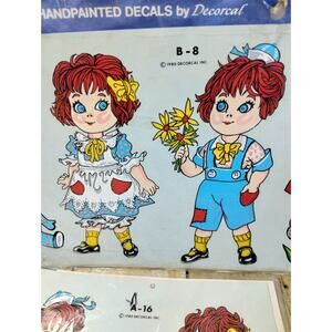 2 Vtg Decorcal Hand Painted Decals Creepy Raggedy Ann & Andy Puppy Teddy Bear